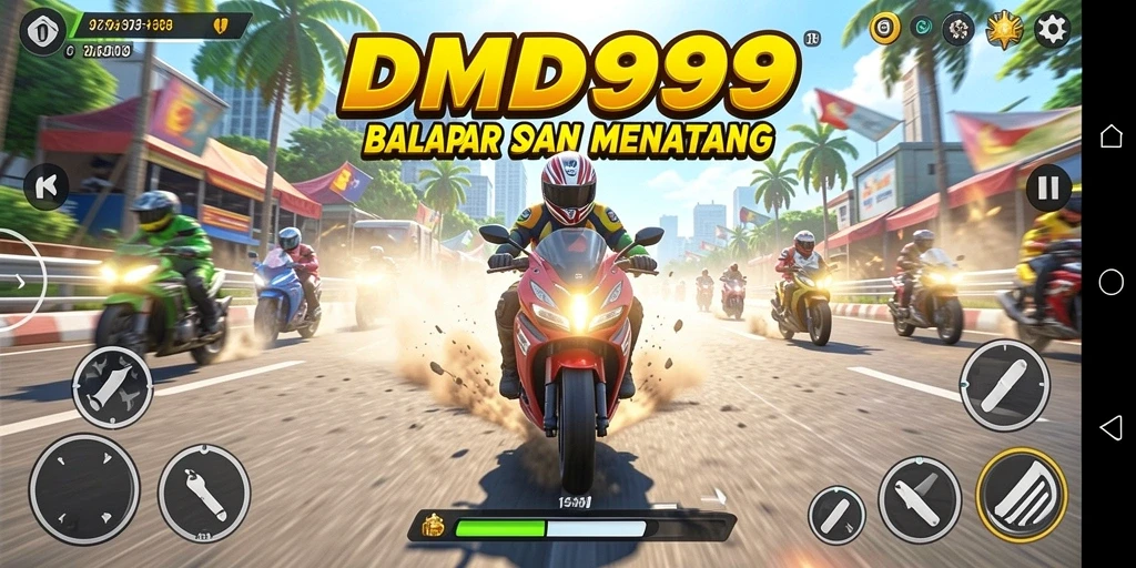 Screenshot DMD999 menampilkan aksi balapan motor yang mendebarkan.