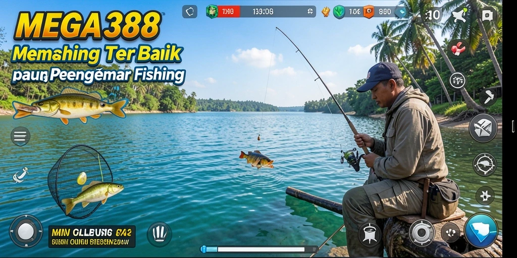 Tampilan gameplay MEGA388 yang menarik saat memancing berbagai jenis ikan.