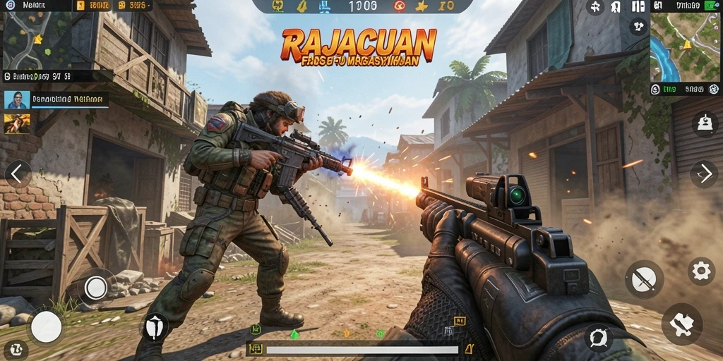 Tampilan gameplay RAJACUAN dengan aksi tembak-menembak yang mendebarkan.